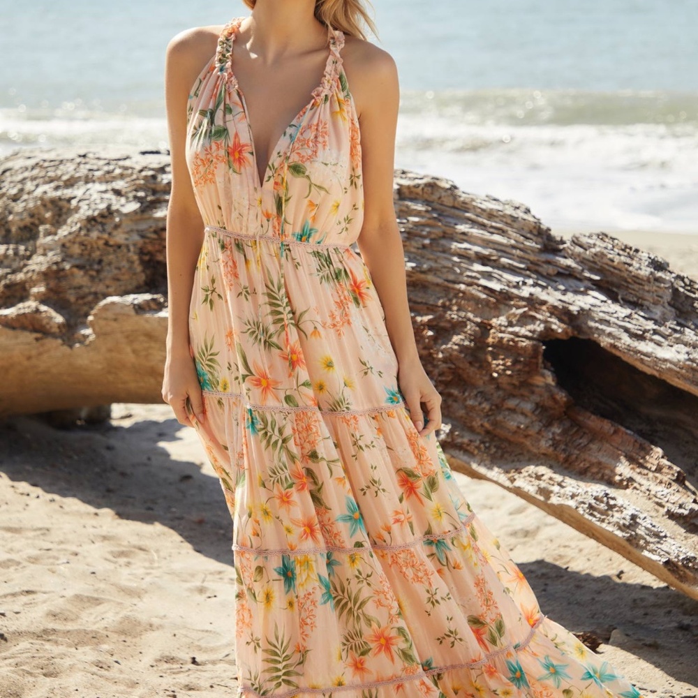 Anthropologie PQ Swim Floral Maxi Dress - Orange and Blue